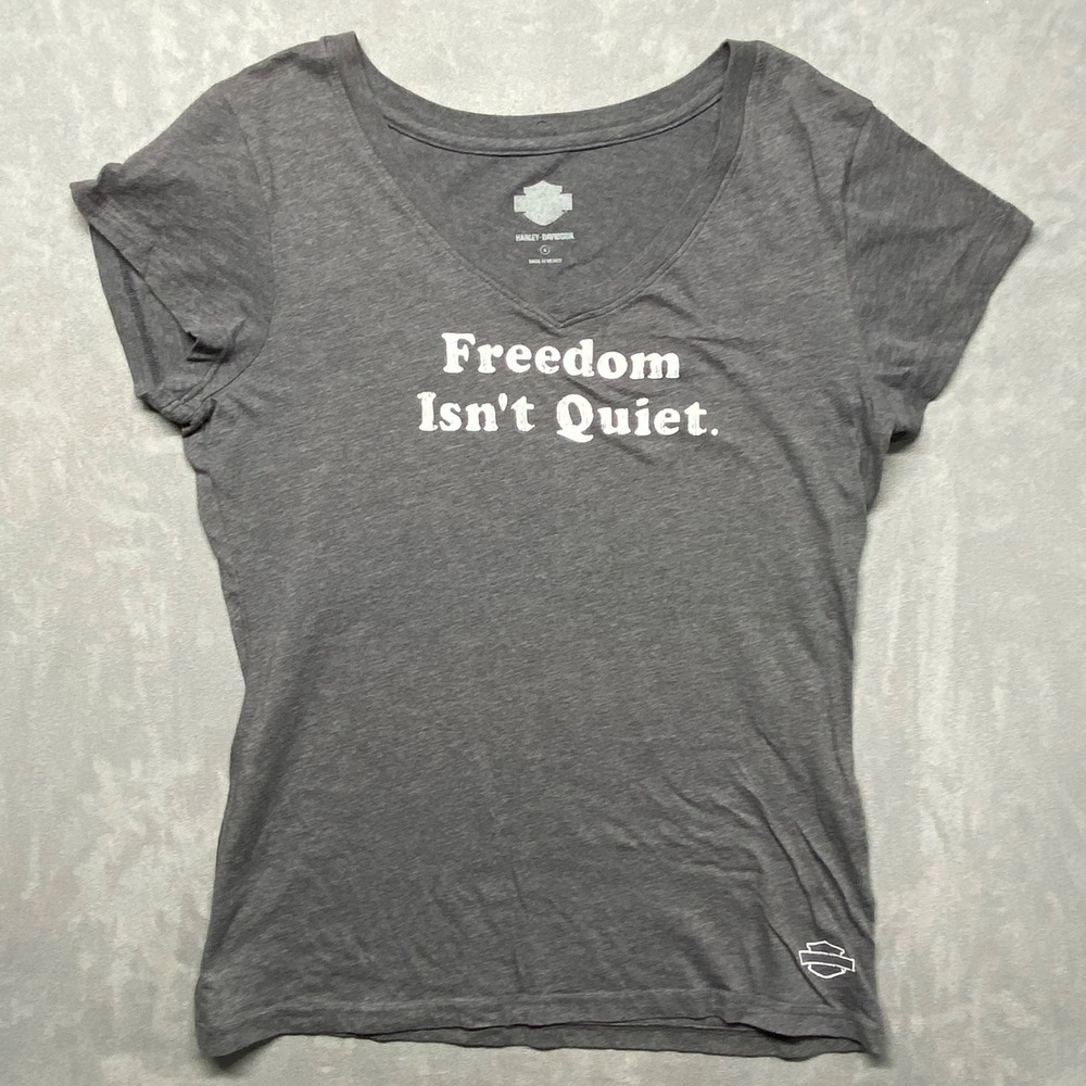 Harley Davidson Womens Gray V Neck T Shirt Freedom Isnt Quiet Graphic Tee Medium - Picture 9 of 11
